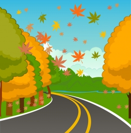 autumn scenery illustration with falling leaves on street