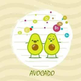 avocado fruit advertising vitamin icons stylized cartoon decor
