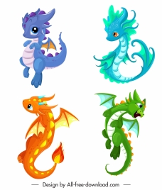 baby dragon icons cute colorful cartoon characters design