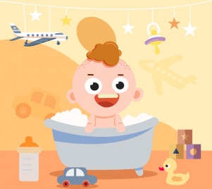 baby shower background bathing baby toys icons decor