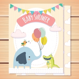 baby shower card template elephant crocodile bird icons