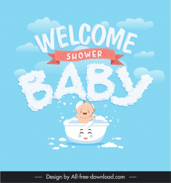 baby shower invitation card template cute cartoon design clouds texts bathing sketch