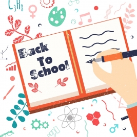 back to school banner book writing hand icons