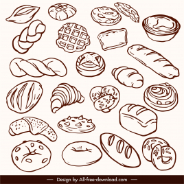 bakery design elements handdrawn classic cakes bread sketch
