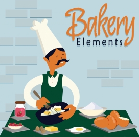 bakery job banner cook ingredients icons colored cartoon