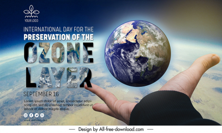 banner international day for the preservation of the ozone layer template hand globe outer space sketch