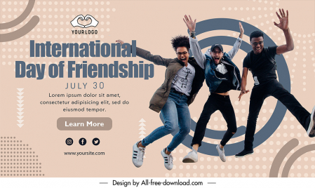 banner international day of friendship template dynamic jumping men sketch modern realistic design