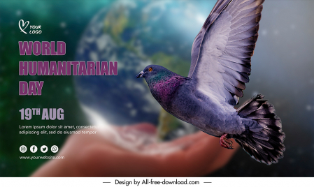 banner international world humanitarian day template hand holding earth flying dove sketch blurred design