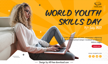 banner international world youth skills day template girl working with laptop at home realistic design