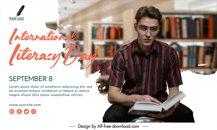 banner world literacy day template man posing with book in library sketch modern realistic blurred design
