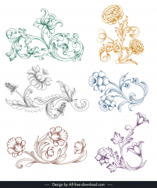 baroque vintage floral design elements collection handdrawn outline