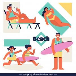 beach activities icons colored cartoon characters sketch