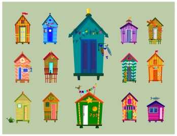beach huts collection illustration in various colorful types