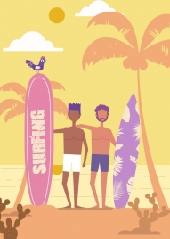 beach recreation background men surfboard icons cartoon design