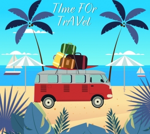 beach travel banner bus baggage icons colored cartoon