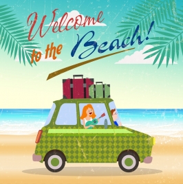 beach trip banner car luggage icon retro design