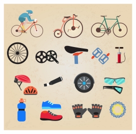 bicycle sports icons illustration in various accessories
