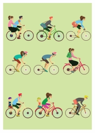 bicycles and cyclists vector illustration in colored flat