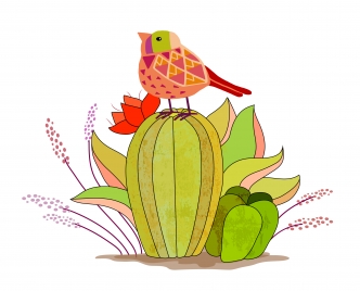 bird on fruits cartoon vector illustration