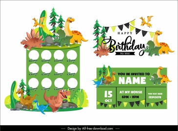 birthday background templates colorful cute dinosaurs characters decor