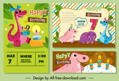 birthday card templates cute stylized dinosaurs icons decor