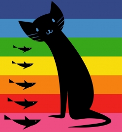 black cat fishes icons design colorful stripes backdrop