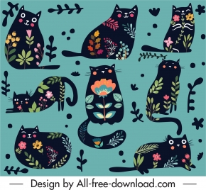black cats pattern flat design floral decor