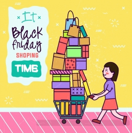 black friday banner woman goods icons colored cartoon