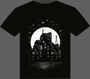 black tshirt design buildings moonlight sparkling stars decor
