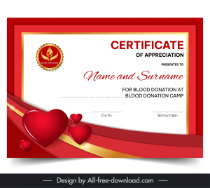blood donation certificate template elegant hearts curves