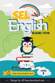 book cover english learning reading tutor level 1 template cute owl books stack outline