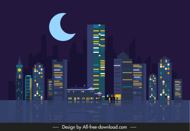 boston skyline night scenery backdrop dark flat vector sketch