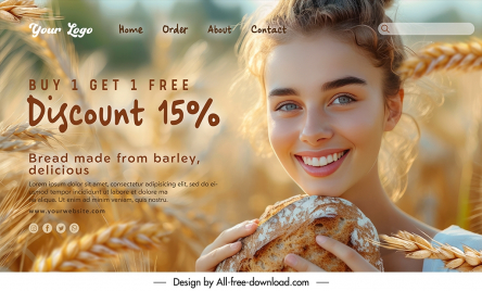bread store landing page template smiling woman wheat field