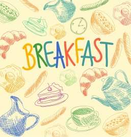 breakfast background handdrawn decor various multicolored icons