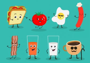 breakfast design elements cute stylized food icons