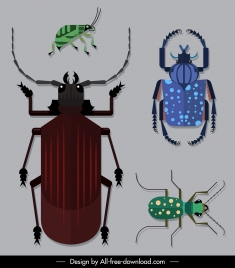bug insects species icons colored flat sketch