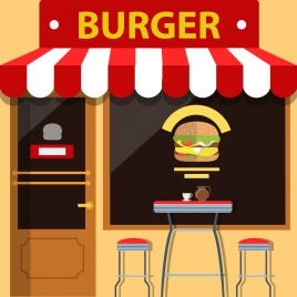 burger store facade design with food on window