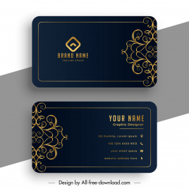 business cards template dark luxury golden symmetric curves decor