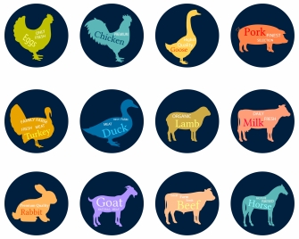 butchery labels isolated with various animals silhouettes tyles