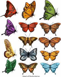 butterflies icons collection colorful shapes sketch modern design