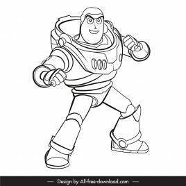 buzz lightyear icon dynamic astronaut sketch black white cartoon character outline