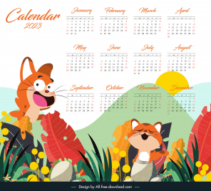 calendar 2023 template cute cartoon cats and leaf design