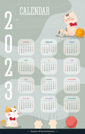 calendar 2023 template cute cartoon playful kitties outline
