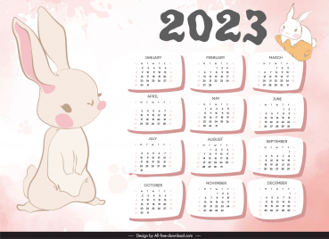 calendar 2023 template cute handdrawn cartoon rabbit sketch