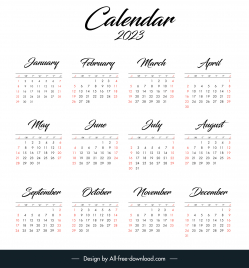 calendar 2023 template elegant calligraphic texts decor simple plain design