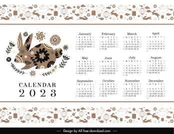 calendar 2023 template elegant classical rabbit flower oriental elements decor