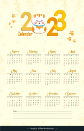 calendar 2023 template handdrawn flowers cute kitty paws outline