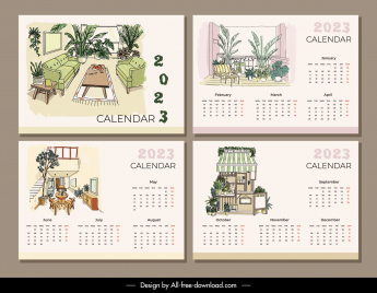 calendar 2023 templates elegant classic handdrawn design house decor sketch