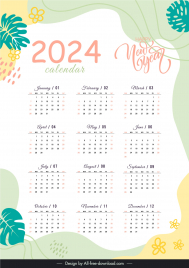 calendar 2024 template classic flowers leaf decor