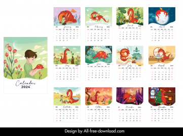 calendar 2024 templates collection dragon cartoon characters